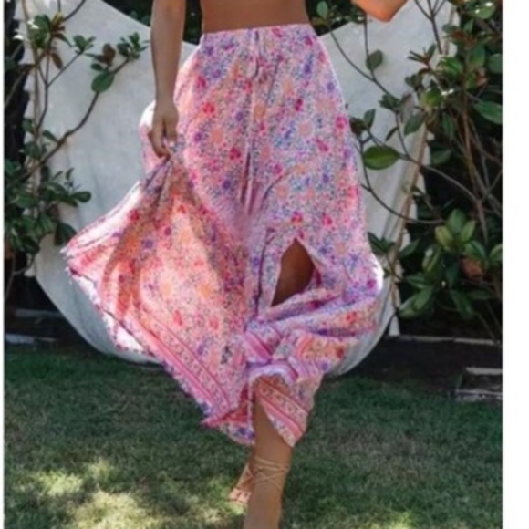 Boho Colorful Pink Floral Print Tassel Maxi Skirt - Picture 3 of 8